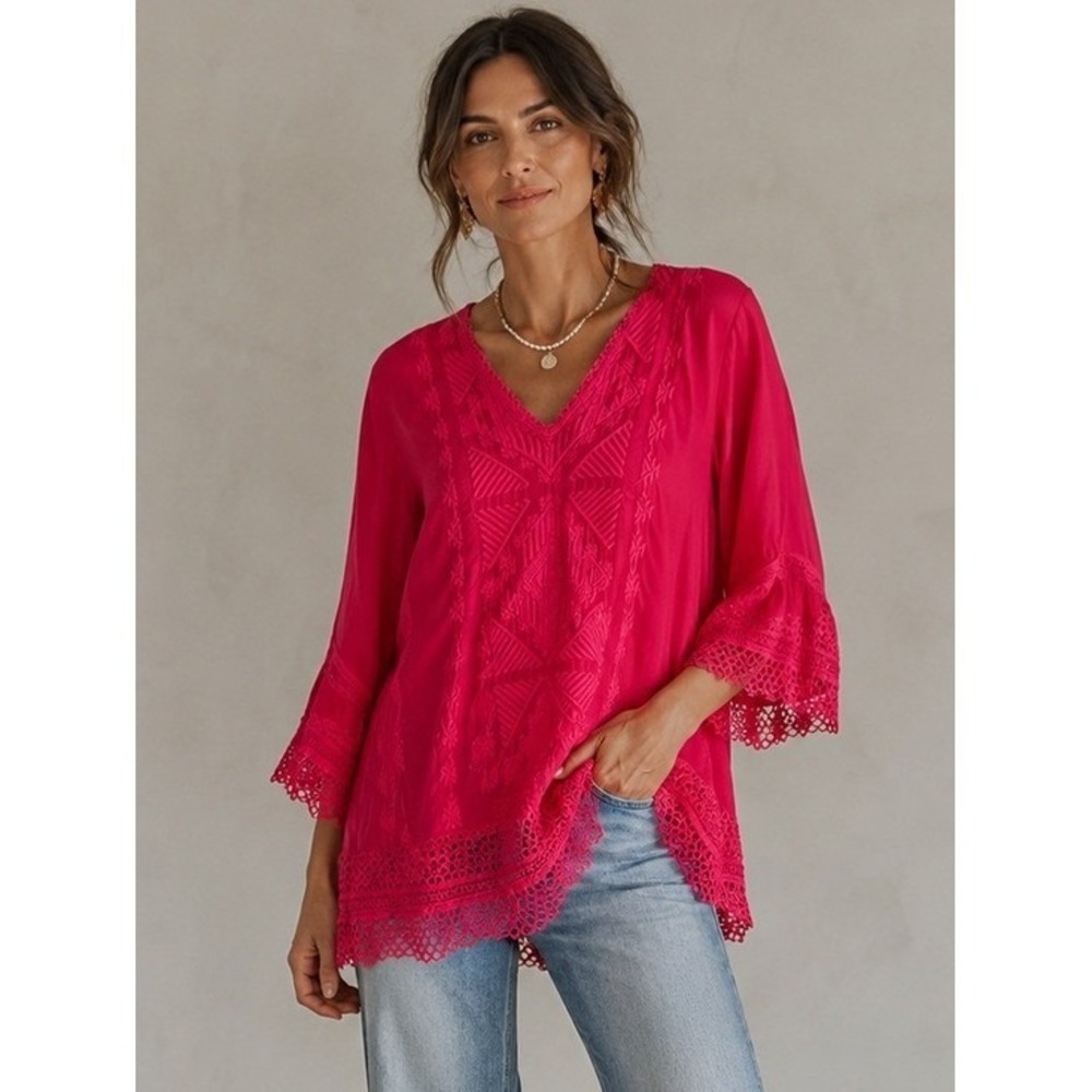 Johnny Was Tunic Rayon Embroidered Lace Trim S Boho Blouse